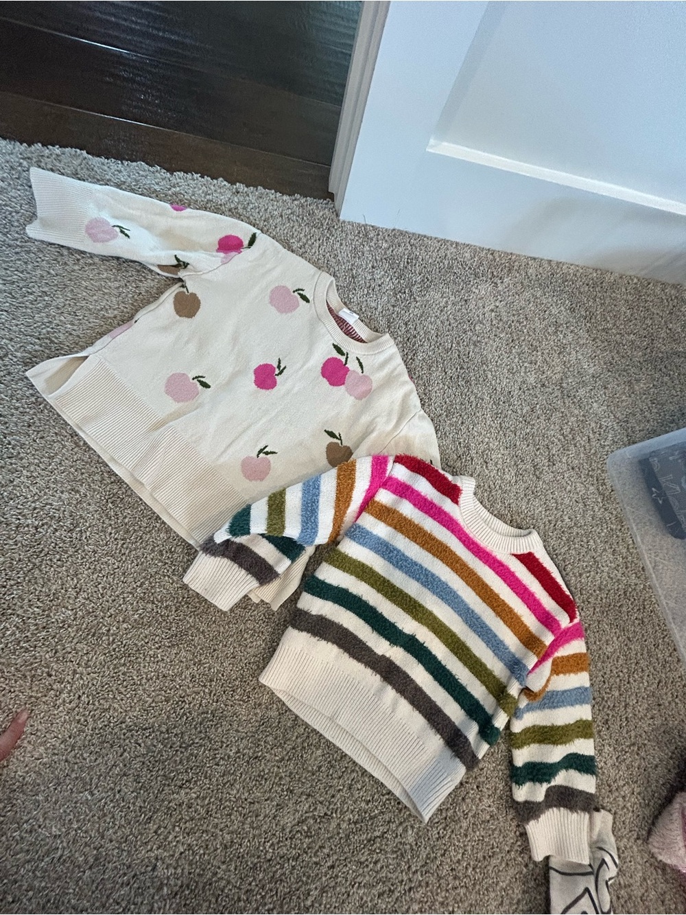 Set of Two Girls' Knit Sweaters - Apple Motif + Rainbow Stripes